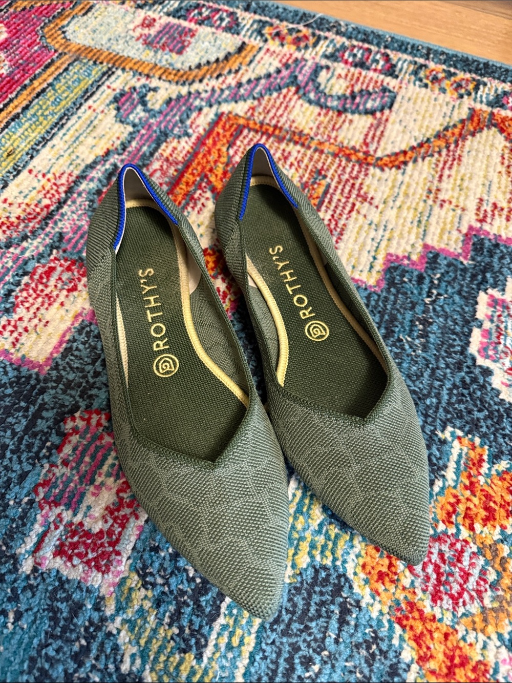 Rothy's Olive Green Pointed Knit Flats with Blue Trim